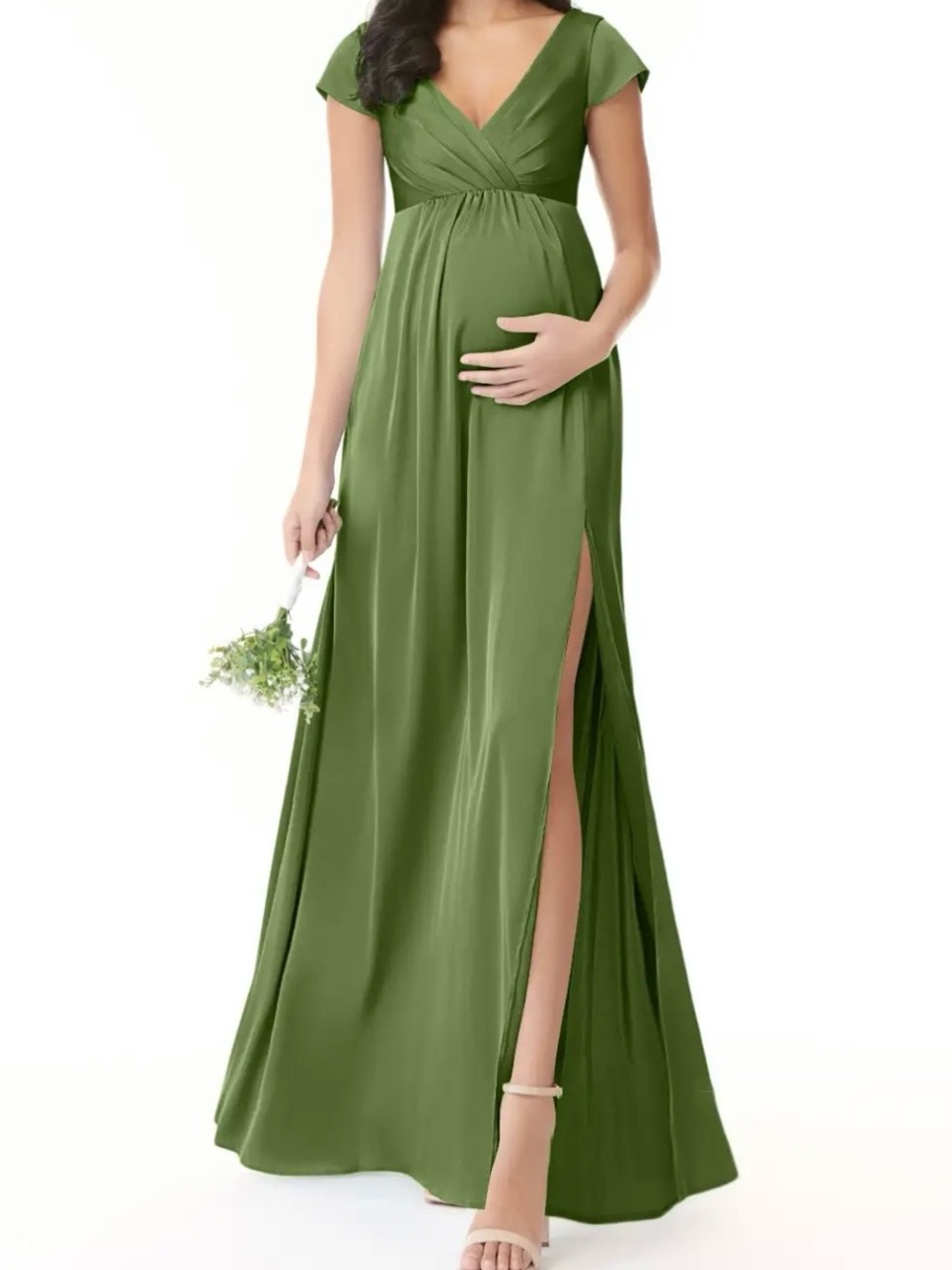 Maternity Gorgeous Olive Green V-Neck Cap Sleeve Maxi Dress with Side Slit